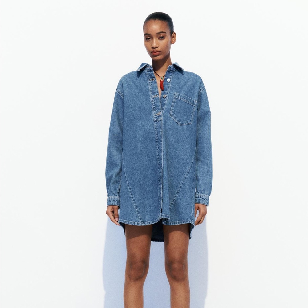 Zara Denim Z1975 Button Popover Long Sleeve Shirt Dress
